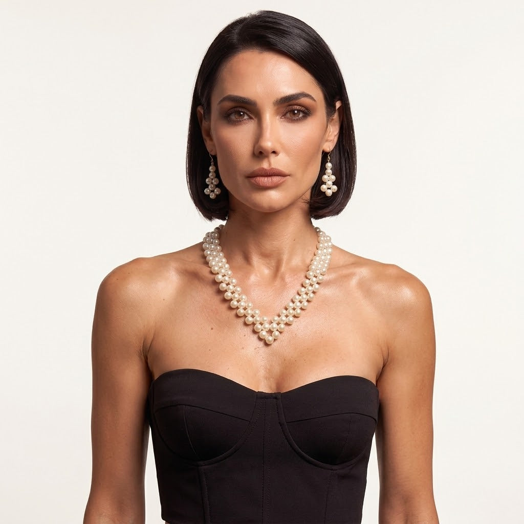 Model wearing the handmade Elara Ivory Pearl Jewelry Set by LUMI, featuring a V-shaped pearl necklace and matching drop earrings styled with a black strapless corset.