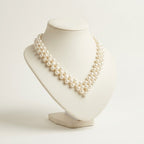Angled studio view of the handmade Elara Ivory Pearl Necklace by LUMI, displayed on a cream jewelry bust to highlight its layered pearl-style beadwork.