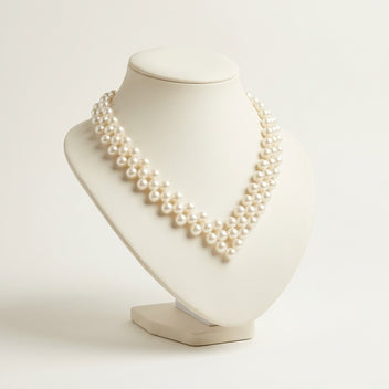 Angled studio view of the handmade Elara Ivory Pearl Necklace by LUMI, displayed on a cream jewelry bust to highlight its layered pearl-style beadwork.