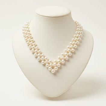Front view of the handmade Elara Ivory Pearl Necklace by LUMI, featuring multiple rows of luminous pearlescent beads forming a graceful V-shaped silhouette on a cream jewelry bust.