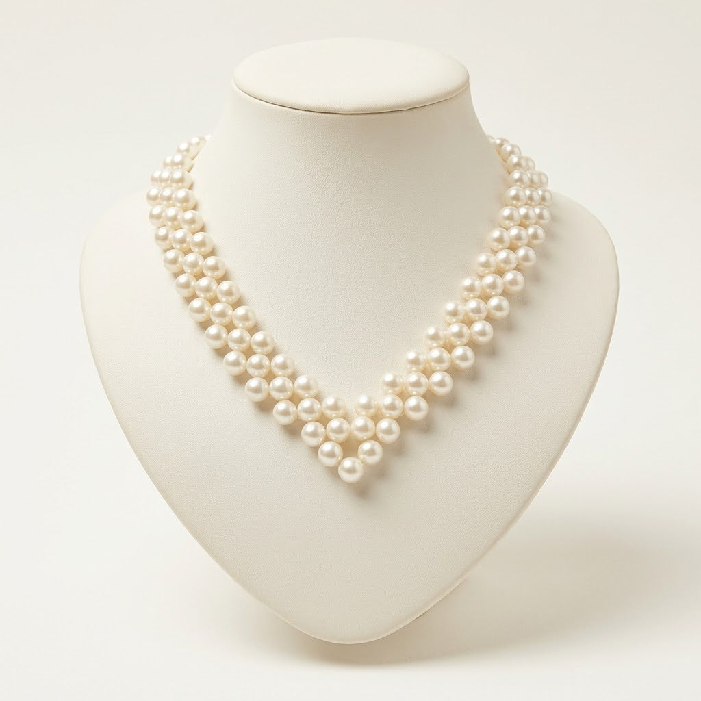 Front view of the handmade Elara Ivory Pearl Necklace by LUMI, featuring multiple rows of luminous pearlescent beads forming a graceful V-shaped silhouette on a cream jewelry bust.
