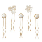 Front layout of the five-piece Nacre Bloom Gold Hair Pin Set with gold-tone stems and pearlescent details.