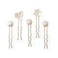 Handmade Nacre Bloom Gold Hair Pin Set by LUMI featuring five pearlescent floral and round hair pins on a light background.