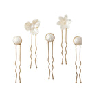 Handmade Nacre Bloom Gold Hair Pin Set by LUMI featuring five pearlescent floral and round hair pins on a light background.