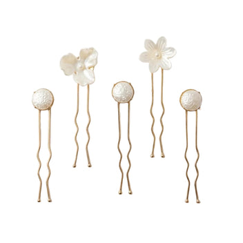 Handmade Nacre Bloom Gold Hair Pin Set by LUMI featuring five pearlescent floral and round hair pins on a light background.