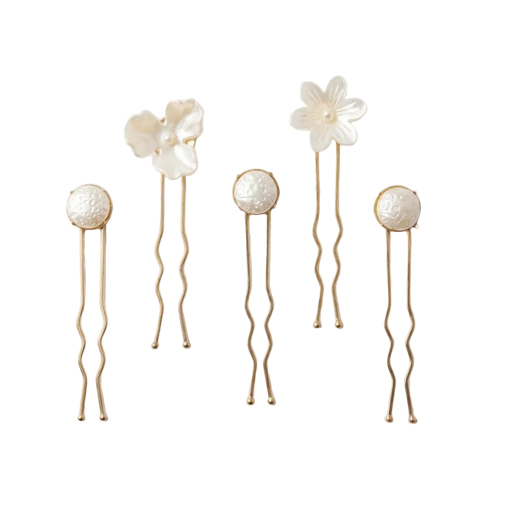 Handmade Nacre Bloom Gold Hair Pin Set by LUMI featuring five pearlescent floral and round hair pins on a light background.