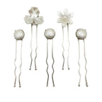 Five handmade Nacre Bloom Silver Hair Pins arranged together, showing floral and round pearlescent designs.