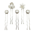 Handmade Nacre Bloom Silver Hair Pin Set by LUMI featuring five pearlescent floral and round hair pins.