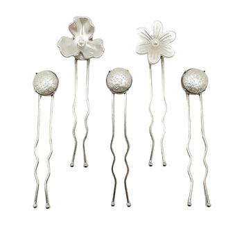 Handmade Nacre Bloom Silver Hair Pin Set by LUMI featuring five pearlescent floral and round hair pins.