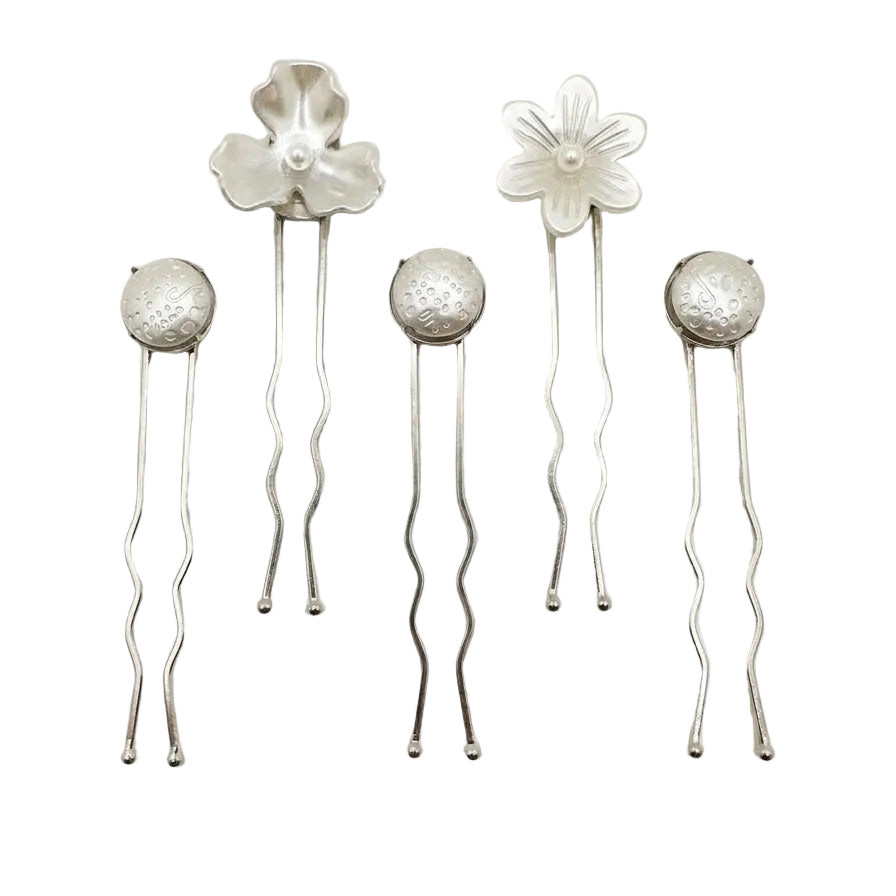 Handmade Nacre Bloom Silver Hair Pin Set by LUMI featuring five pearlescent floral and round hair pins.